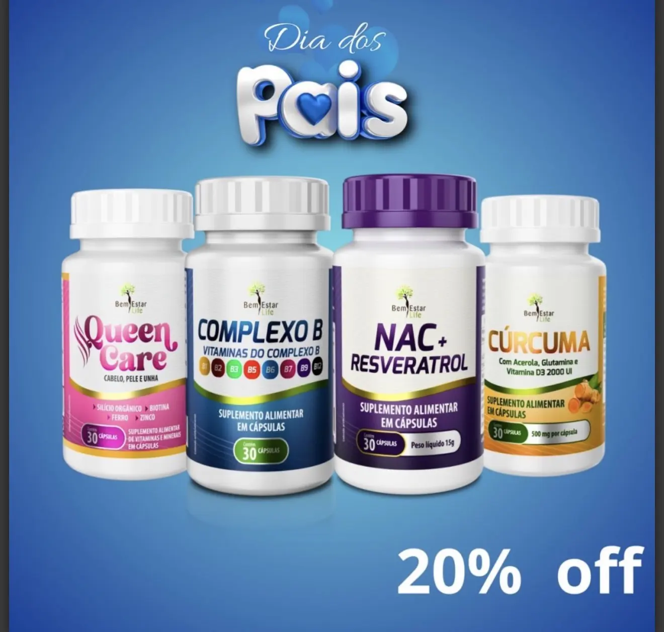 COMPLEXO B 30 CAPS. - CURCUMA 30 CAPS - QUEEN CARE 30 CAPS (CABELO E UNHA) - NAC + RESVERATROL 30 CAPS.