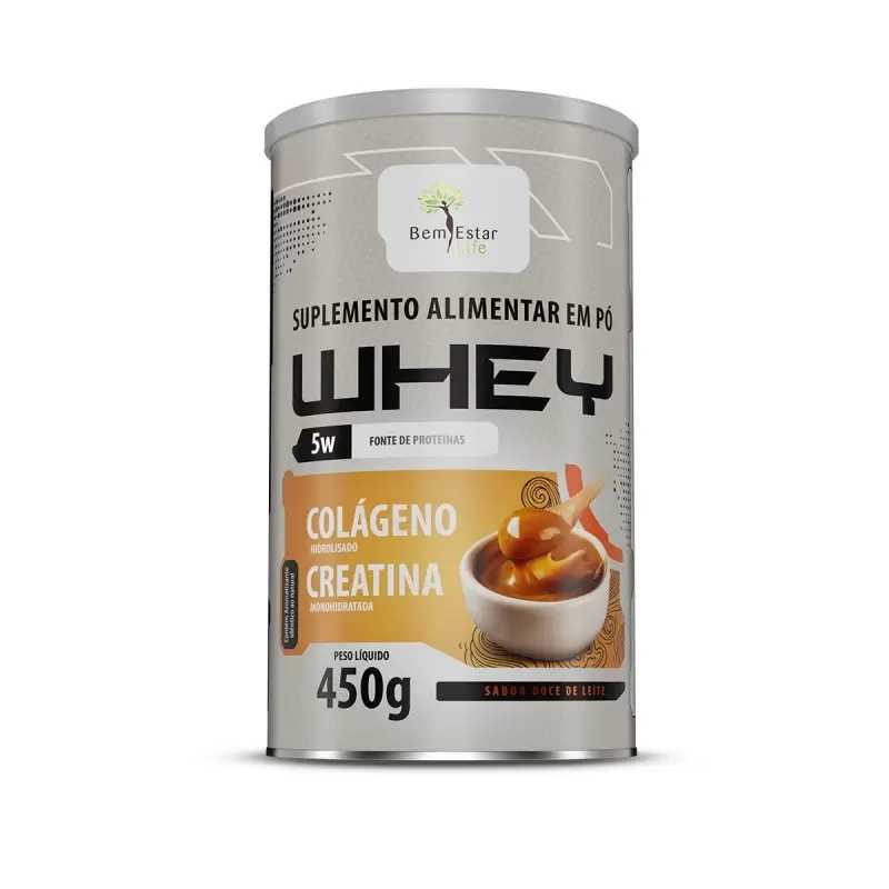 WHEY 5W 450G. Com Colágeno + Creatina, Sabor Alfajor Doce de Leite